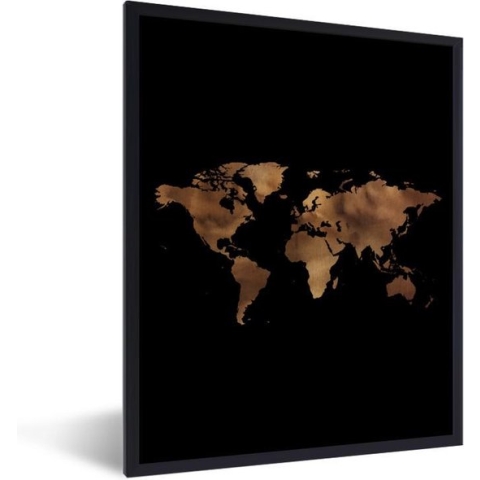 Fotolijst incl. Poster - Wereldkaart - Brons - Zwart - 60x80 cm - Posterlijst