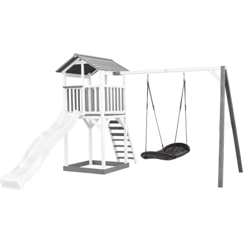 AXI Beach Tower Speeltoestel in Grijs/Wit - Speeltoren met Roxy Nestschommel, Witte Glijbaan en Zandbak - FSC hout - Speelhuis op palen voor de tuin