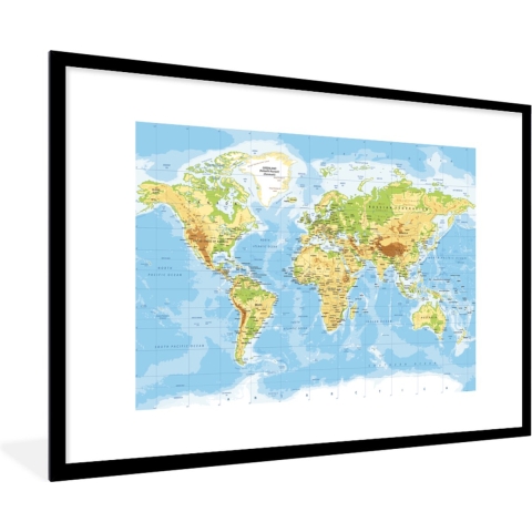 Fotolijst incl. Poster - Wereldkaart - Staatkundig - Blauw - Aarde - Educatief - 120x80 cm - Posterlijst