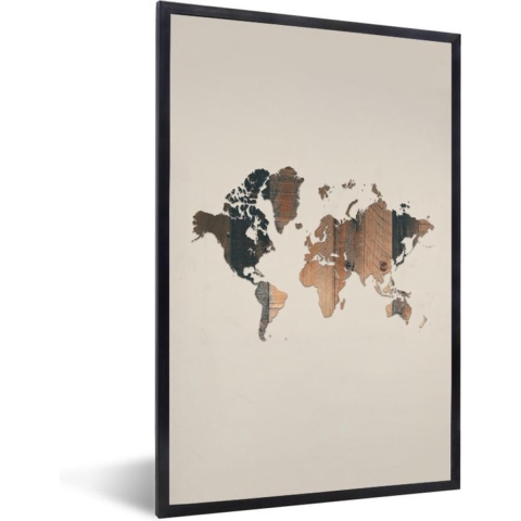 Fotolijst incl. Poster - Wereldkaart - Houten plank - Bruin - 80x120 cm - Posterlijst