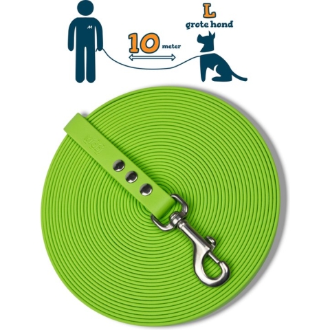 Miqdi lange lijn - BioThane® – lichtgroen - 10 meter lang – 19mm breed – L/XL – grote hond – sleeplijn - géén handvat