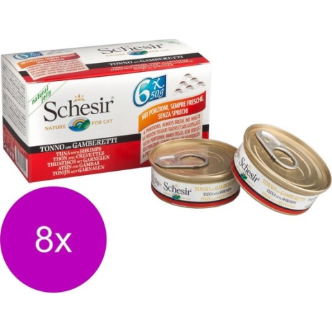 Schesir Kat Mp Blik Gelei 6x50 g - Kattenvoer - 8 x Tonijn&Garnaal