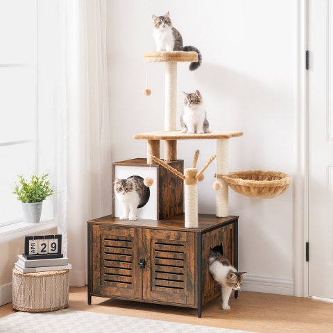 IN.HOMEXL All-In-One kattenmeubel Alba - Krabpaal - Hangmat Mand Katten Huis - kattentoiletmeubel - Bruin - 70x142x45cm