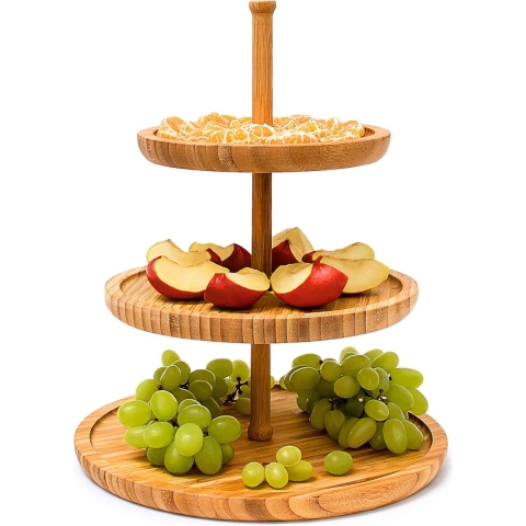 etagère 3-laags, van bamboe, H: 25 cm, Ø 30 cm, houten fruitschaal, ook voor gebak, koekjes, of hapjes