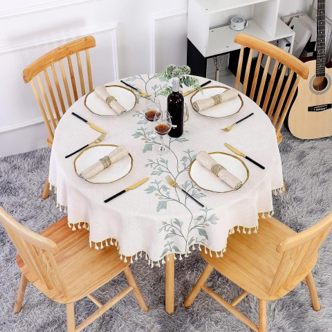 Tafelkleed rond 140 cm, afwasbaar, linnen, katoen, beige, tafelkleed, kreukvrij, stofdicht, met groene geborduurde bladeren, kwasten voor keuken, eetkamer, eettafel, salontafel, tuintafel