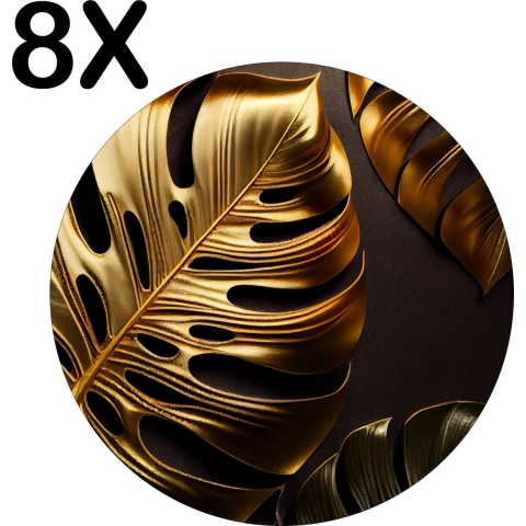 BWK Luxe Ronde Placemat - Gouden Bladeren op Donkere Achtergrond - Set van 8 Placemats - 40x40 cm - 2 mm dik Vinyl - Anti Slip - Afneembaar