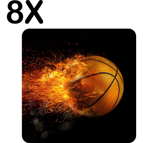 BWK Luxe Placemat - Vlammende Basketball - Set van 8 Placemats - 40x40 cm - 2 mm dik Vinyl - Anti Slip - Afneembaar