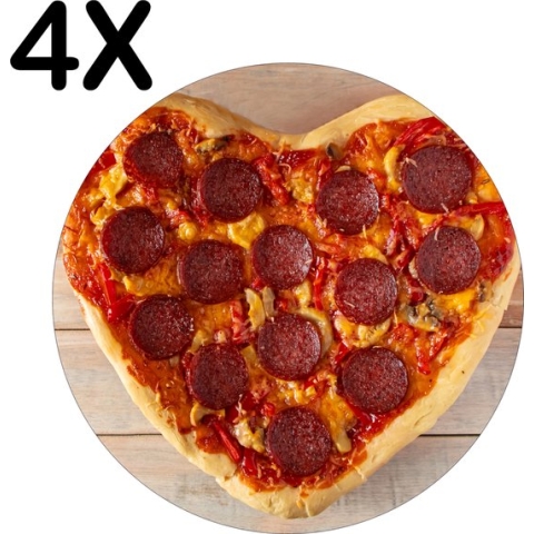 BWK Stevige Ronde Placemat - Love Pizza - Hartjes Pizza - Set van 4 Placemats - 50x50 cm - 1 mm dik Polystyreen - Afneembaar