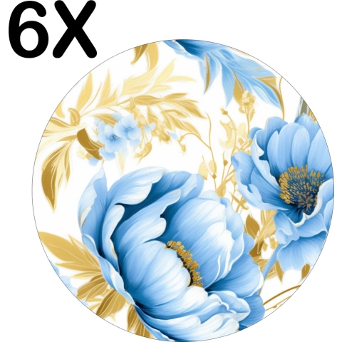 BWK Luxe Ronde Placemat - Patroon van Blauwe Bloemen met Gouden Bladeren - Set van 6 Placemats - 50x50 cm - 2 mm dik Vinyl - Anti Slip - Afneembaar