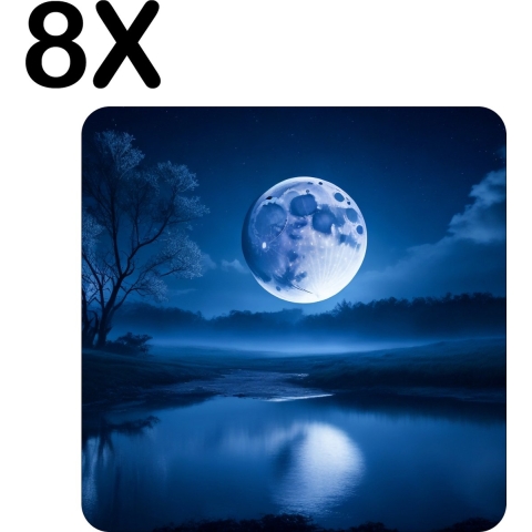 BWK Flexibele Placemat - Grote Volle Maan met Blauw Licht over Water - Set van 8 Placemats - 40x40 cm - PVC Doek - Afneembaar