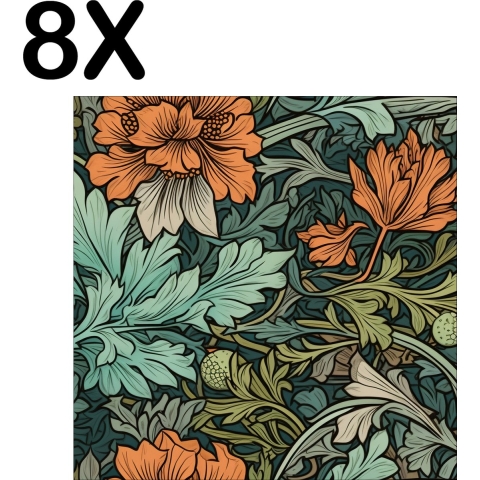 BWK Textiele Placemat - Getekende Bloemen en Planten - Set van 8 Placemats - 50x50 cm - Polyester Stof - Afneembaar