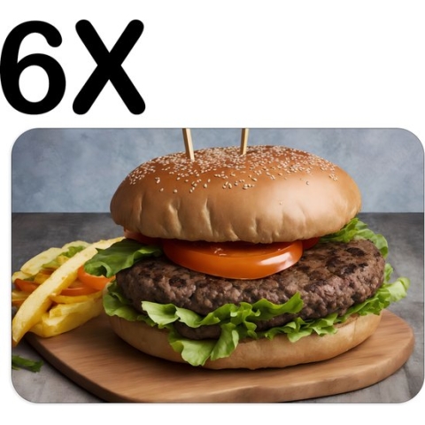BWK Flexibele Placemat - Geserveerde Hamburger op Houten Plank - Set van 6 Placemats - 45x30 cm - PVC Doek - Afneembaar