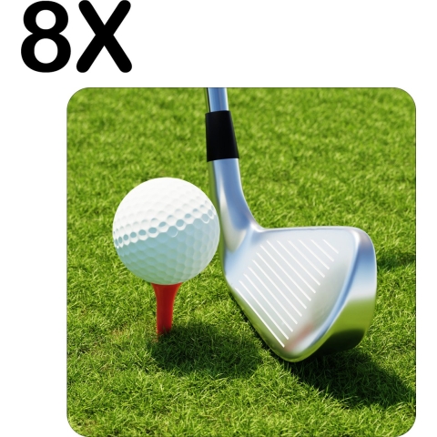 BWK Flexibele Placemat - Golfbal en Golfclub op het Gras - Set van 8 Placemats - 50x50 cm - PVC Doek - Afneembaar