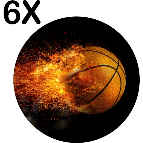 BWK Stevige Ronde Placemat - Vlammende Basketball - Set van 6 Placemats - 50x50 cm - 1 mm dik Polystyreen - Afneembaar