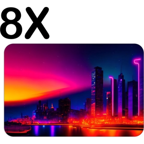 BWK Flexibele Placemat - Stad aan het Water in Neon Kleuren - Set van 8 Placemats - 45x30 cm - PVC Doek - Afneembaar