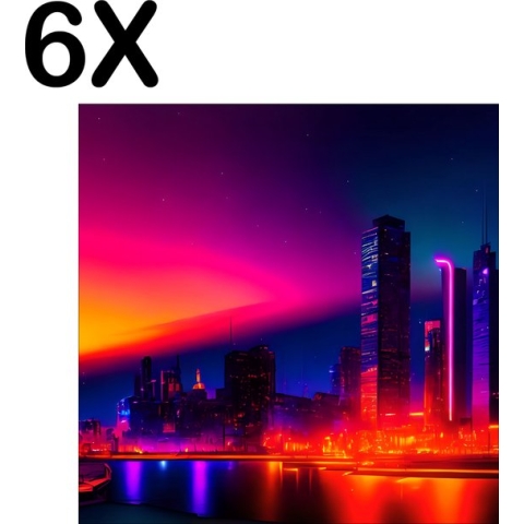 BWK Textiele Placemat - Stad aan het Water in Neon Kleuren - Set van 6 Placemats - 50x50 cm - Polyester Stof - Afneembaar