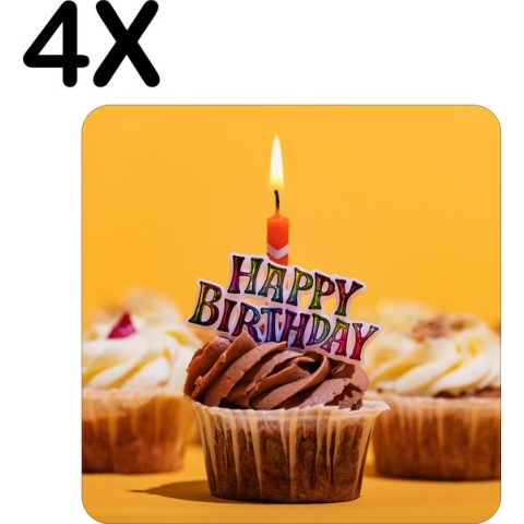 BWK Luxe Placemat - Happy Birthday - Verjaardag Cupcake met Geel Oranje Achtergrond - Set van 4 Placemats - 40x40 cm - 2 mm dik Vinyl - Anti Slip - Afneembaar