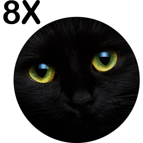 BWK Luxe Ronde Placemat - Zwarte Kat met Heldere Ogen - Set van 8 Placemats - 40x40 cm - 2 mm dik Vinyl - Anti Slip - Afneembaar