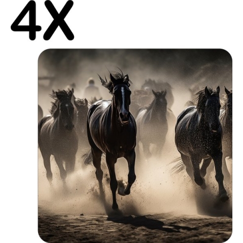BWK Flexibele Placemat - Rennende Paarden op een Zandvlakte - Set van 4 Placemats - 50x50 cm - PVC Doek - Afneembaar