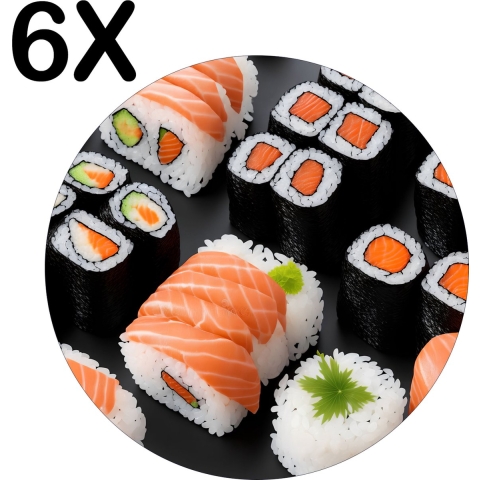BWK Flexibele Ronde Placemat - Sushi met Zalm - Set van 6 Placemats - 50x50 cm - PVC Doek - Afneembaar