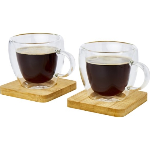 Seasons Dubbelwandige koffieglazen 100 ml - set van 6x stuks - met bamboe onderzetters - Espresso glazen