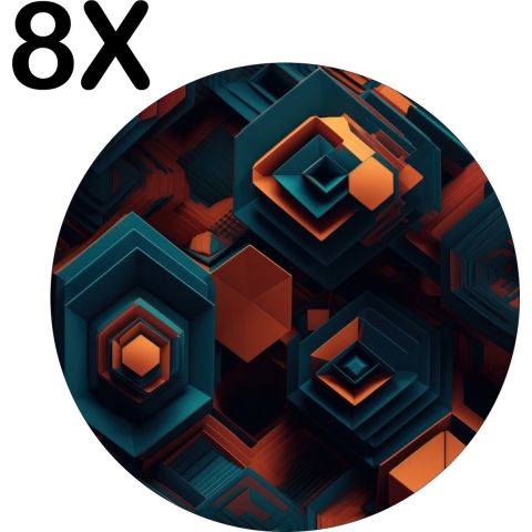 BWK Luxe Ronde Placemat - Artistiek Blauw met Oranje Patroon - Set van 8 Placemats - 40x40 cm - 2 mm dik Vinyl - Anti Slip - Afneembaar