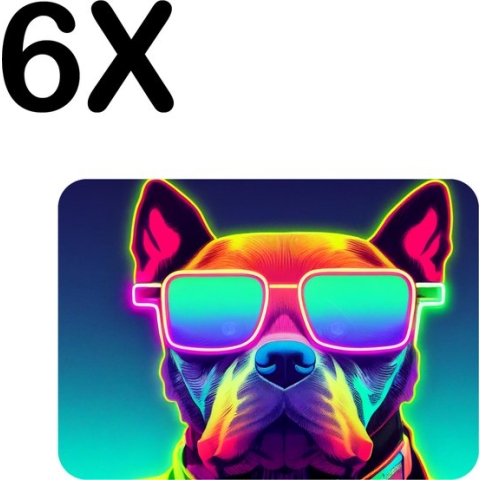 BWK Flexibele Placemat - Hond met Zonnebril in Neon Kleuren - Set van 6 Placemats - 40x30 cm - PVC Doek - Afneembaar