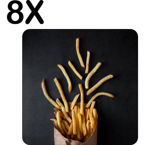 BWK Luxe Placemat - Frietjes op een Donkere Ondergrond - Set van 8 Placemats - 40x40 cm - 2 mm dik Vinyl - Anti Slip - Afneembaar