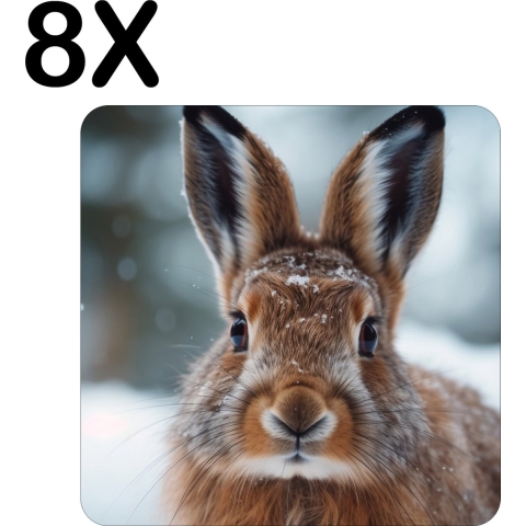 BWK Luxe Placemat - Bruin Konijn in de Sneeuw - Set van 8 Placemats - 50x50 cm - 2 mm dik Vinyl - Anti Slip - Afneembaar
