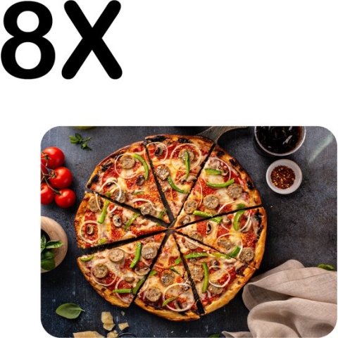 BWK Luxe Placemat - Pizza in Punten Gesneden - Set van 8 Placemats - 40x30 cm - 2 mm dik Vinyl - Anti Slip - Afneembaar