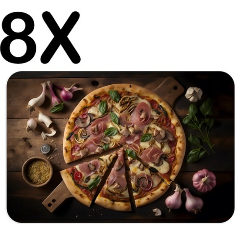 BWK Flexibele Placemat - Heerlijke Traditionele Pizza met Knoflook en Ui - Set van 8 Placemats - 45x30 cm - PVC Doek - Afneembaar