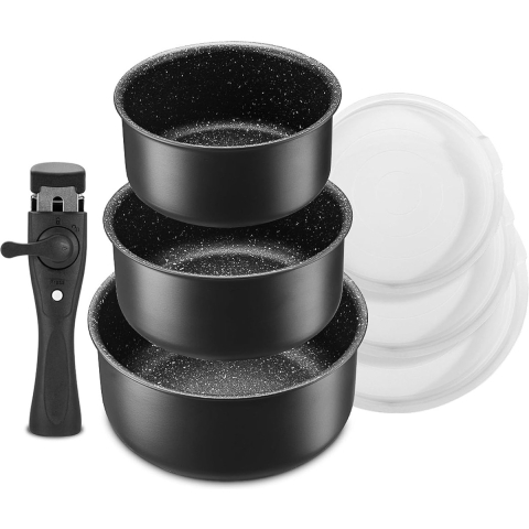 Kookpottenset 7 stuks 16 + 18 + 20 cm 1 verwijderbaar handvat en 3 PE-afdichtingsdeksels Inductie stoofpot Melkpan voor alle kookplaten Antiaanbaklaag Ovenbestendig