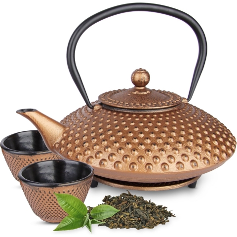 Tealøv THEE SET 1,25 LITER GIETIJZER | COMPLETE SET IN GESCHENKDOOS | Gietijzeren Theepot met Roestvrijstalen Zeef, Gietijzeren Theekopjes en Onderzetter | In Authentiek Japanse Stijl | Kambin Koper