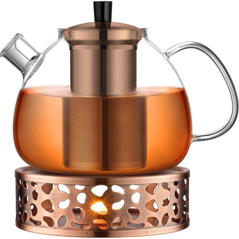 Glazen theepot met warmhouder, bronzen champagnekleurige theemaker met verwijderbare roestvrijstalen zeef en deksel, 1500 ml