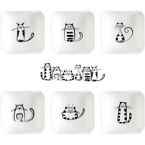 Super Schattige Katten Keramische Sauskom, Mini Bijgerecht Kruidenkom, Kruiden Schotels, Sushi Soja Dompelkom, Snack Servies, Miauw Porseleinen Kleine Schoteltjes Set (Set van 6) (Vierkant)