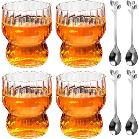 Set van 4 geribbelde bubbelkoffieglazen, 300 ml dessertglazen glas met 4 lepels, dessertglazen, theeglas, sapglazen, origami-stijl glazen voor latte, thee, ijs, melk