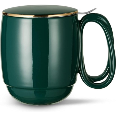 Theemok met deksel en zeef, 480 ml grote gebogen handgreep, losse theebeker, donkergroen, glad porseleinen theekopjes met gouden bekleding voor het inweken van thee