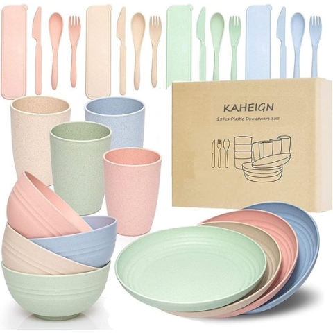 28 stuks kunststof serviezensets, 4 sets onbreekbare lichtgewicht borden, kopjes, kommen en bestek, milieuvriendelijk en herbruikbaar magnetron- en vaatwasmachinebestendig servies voor kinderen of picknicks