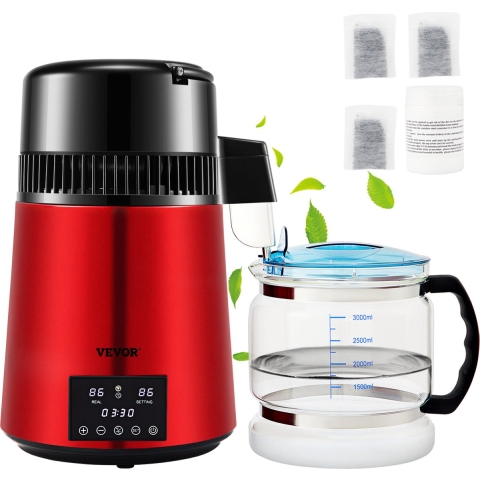 VEVOR Water Distilleerder-1 L/uur-4L Destilleerketel-Roestvrij Staal-750W Destilleerapparaat met Dubbele Temperatuurweergave-Reinigingspoeder voor Glazen Karaf 3 Carbon Packs-Rood
