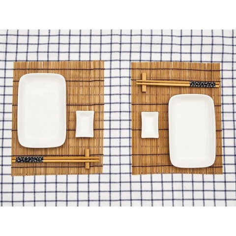 Sushi-set, 10 stuks, 2 x sushi-borden, 2 x dip-kommen, 2 x bamboe sushi-rolmatten, 2 x bamboe stokjes resten, 2 stokjes - mooi gepresenteerd in een geschenkdoos
