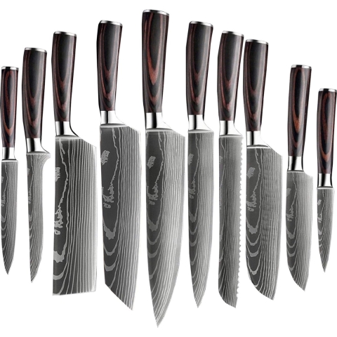Shinrai Japan - Messenset - 9 delig - Koksmes - Japanse mes - Mes - Japanse Damascus Print - Met Luxe Geschenkdoos