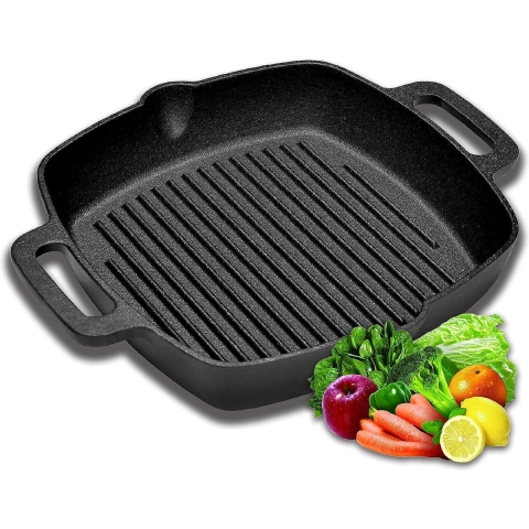 Gietijzeren grillpan 32 x 27,5 cm, gietijzeren pangrill, koekenpan met uitloop, vuurpan met 2 handgrepen, ingebrande steakpan voor gasgrill, ideaal voor camping en tuin