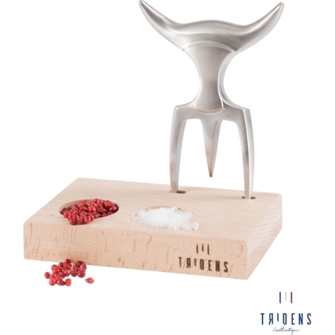Tridens Raw brushed Fork in Beechwood Base (Vleesvork in Beukenhout houder)