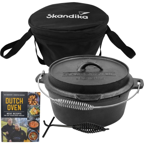Skandika Dutch Oven Flame Master 7,1 L zonder pootjes – Barbecuepannen - Dutch Oven - Gietijzeren pan om in te koken, incl. receptenboek van de Sauerland BBCrew, ingebrand, met voetjes, deksel lifter, draagtas, Dutch Oven voor barbecueën, kamperen