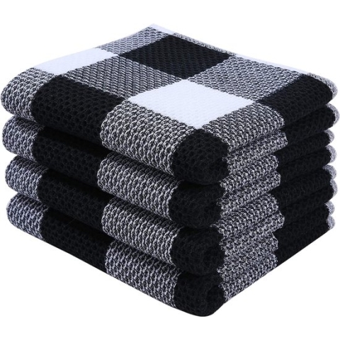 Set van 4 theedoeken, 100% katoen, 33 x 71 cm, zachte theedoeken, absorberend, keukendoeken, pluisvrij, plaidpatroon, vaatdoek, poetsdoeken, zwart en wit