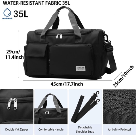 Opvouwbare reistas, sporttas, 35 liter, weekendtas, reistas, trainingstas, grote waterdichte fitnesstas met schoenenvak en natfac voor weekends, heren en dames, duffeltassen, zwart, opvouwbare reistas sporttas