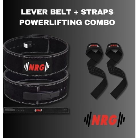 NRG fitness - Lever Belt Halterriem en Lifting Straps - Powerlifting Combo - Halterriem Maat L met Lifting Straps Deluxe - Zwart - Powerlifting