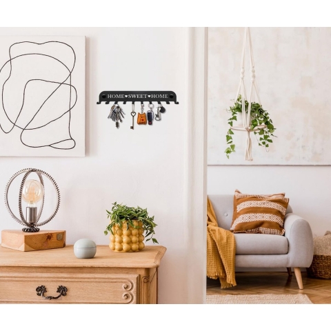 Home Sweet Home Slim muur gemonteerd sleutelrek met 10 haken voor hal garage keuken decoratief ontwerp eenvoudige montage resistente roestvrij staal zwart 270x45mm