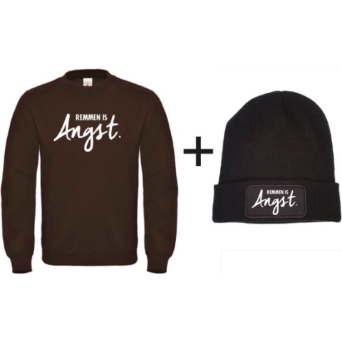Set wintersport sweater zwart L + muts - Remmen is Angst - wit - soBAD. | Foute apres ski outfit | kleding | verkleedkleren | wintersport beanie | wintersporttruien | wintersport dames en heren