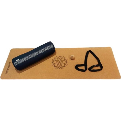 Yin Yoga set – Classic (NAVY BLAUW)| Kurk yogamat| Yoga Bolster| Kurk massagebal| Draagiem| Ethisch geproduceerd uit natuurlijke materialen